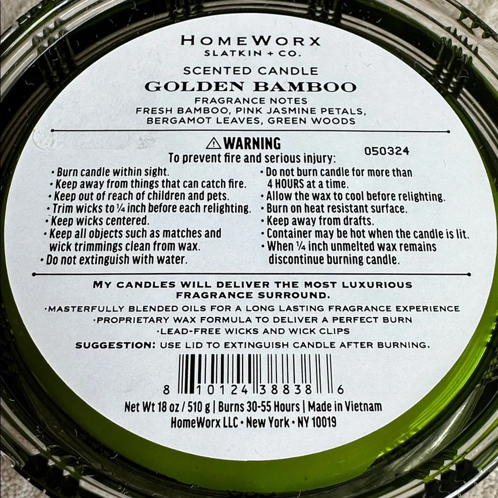 NWT HomeWorx by Slatkin + Co. Golden Bamboo Clarendon Scented Candle 18 oz.